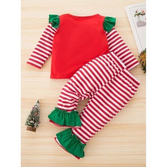 Baby Girls First 1st Christmas Striped Ruffles Shirt & Pants Set (9-12 Months) - Picture 3 of 10